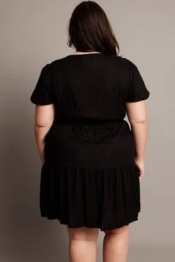 Black Crossover Cotton Blend Tiered Wrap Minidress -You And All Fashion Store cddk31787 10a black 5