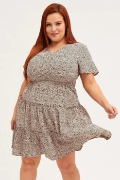 Beige Geo Print Dress Short Sleeve Button Front -You And All Fashion Store cddk31796 34a geo 3