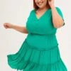Green Mini Dress Short Sleeve Button Front Crinkle Rayon