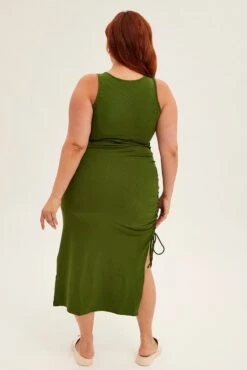 Green Midi Dress Sleeveless Rib Jersey Drawstring -You And All Fashion Store cddk31836 42a green 5