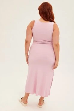 Pink Midi Dress Sleeveless Rib Jersey Drawstring -You And All Fashion Store cddk31836 42ab pink 5