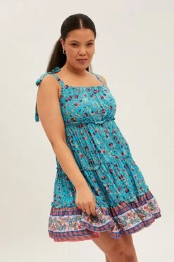 Blue Boho Mini Dress Sleeveless Round Neck Skater