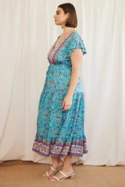 Blue Boho Maxi Dress Short Sleeve V-neck Tiered -You And All Fashion Store cddw10563e 33rb boho 4
