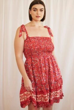 Red Boho Fit And Flare Dress Sleeveless Shirred -You And All Fashion Store cddw17178b 81rb boho 3