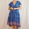 Blue Boho Midi Dress Short Sleeve Wrap Front