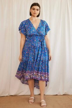 Blue Boho Midi Dress Short Sleeve Wrap Front -You And All Fashion Store cddw31407r 34rb boho 3