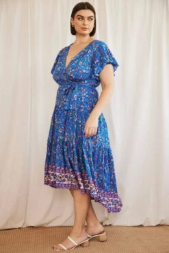 Blue Boho Midi Dress Short Sleeve Wrap Front -You And All Fashion Store cddw31407r 34rb boho 4