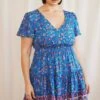 Blue Boho Fit And Flare Dress Short Sleeve V-neck