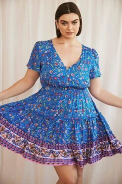 Blue Boho Fit And Flare Dress Short Sleeve V-neck -You And All Fashion Store cddw9807e 33rb boho 3