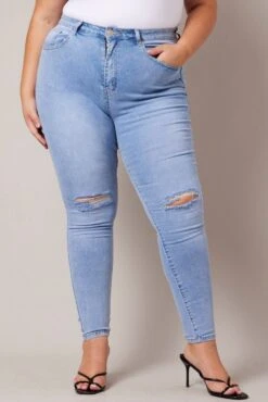 Denim Skinny Jeans High Rise Knee Slit -You And All Fashion Store cdl1067 84jb mid wash 3