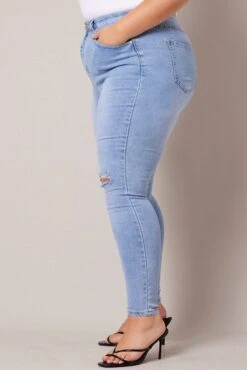 Denim Skinny Jeans High Rise Knee Slit -You And All Fashion Store cdl1067 84jb mid wash 4