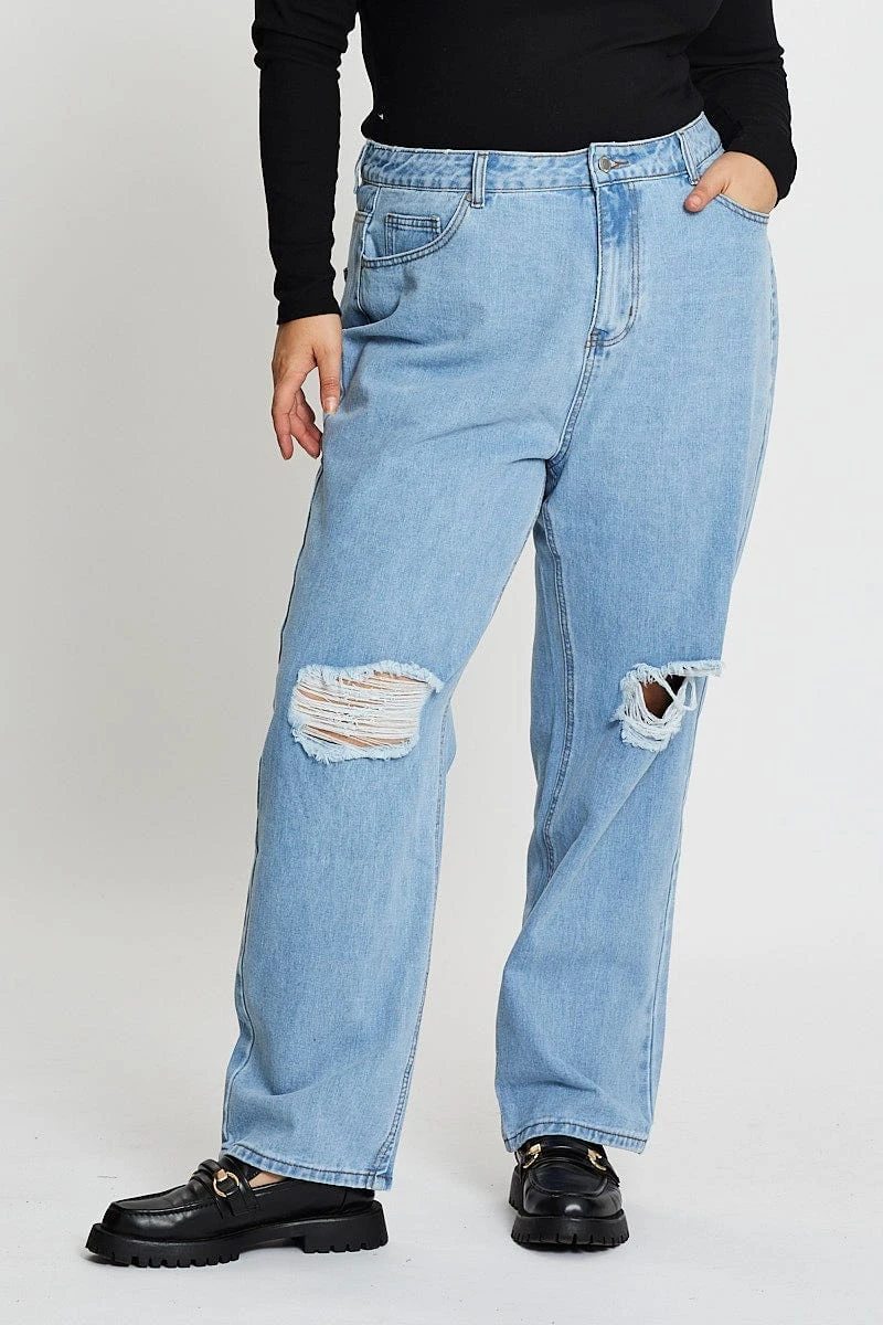 Blue Denim Jean High Rise Slash Knee Straight Leg 2 Blue Denim Jean High Rise Slash Knee Straight Leg - Image 2