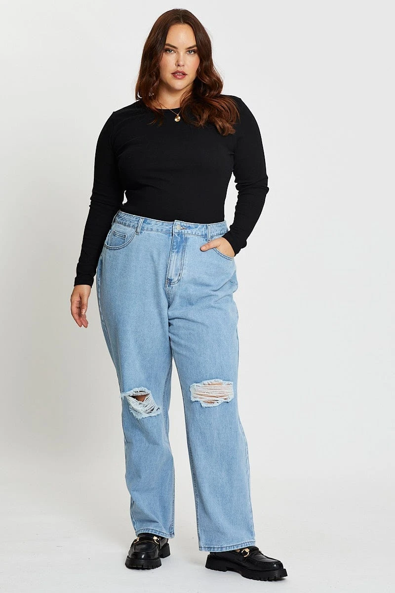 Blue Denim Jean High Rise Slash Knee Straight Leg 3 Blue Denim Jean High Rise Slash Knee Straight Leg - Image 3