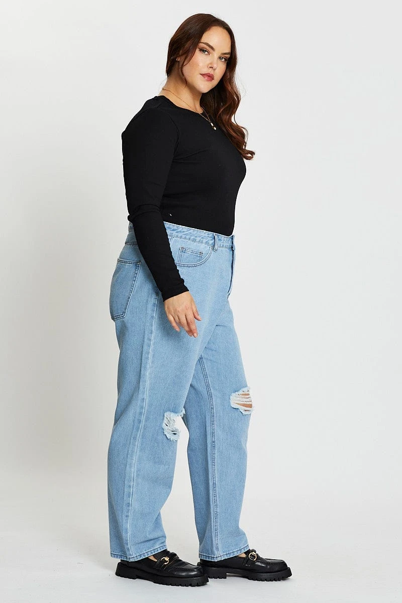 Blue Denim Jean High Rise Slash Knee Straight Leg 4 Blue Denim Jean High Rise Slash Knee Straight Leg - Image 4