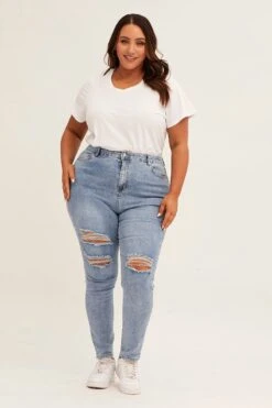 Blue High Rise Knee Distress Stretch Skinny Denim Jeans -You And All Fashion Store cdl1201 20jb denim blue 3