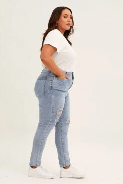 Blue High Rise Knee Distress Stretch Skinny Denim Jeans -You And All Fashion Store cdl1201 20jb denim blue 4
