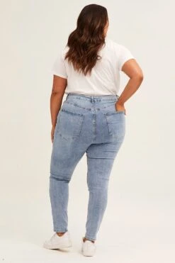 Blue High Rise Knee Distress Stretch Skinny Denim Jeans -You And All Fashion Store cdl1201 20jb denim blue 5