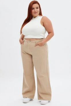 Beige Wide Leg Denim Jeans High Rise -You And All Fashion Store cdl1287d 20jb beige 3