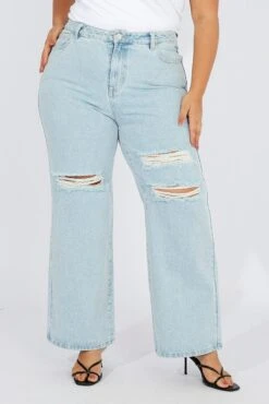 Denim Wide Leg Jeans High Rise Distressed -You And All Fashion Store cdl1287e 84jb mid wash 3