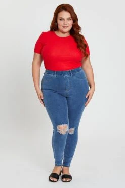 Blue Knee Jeggings High Rise Slash -You And All Fashion Store cdl1439 20j denim blue 3