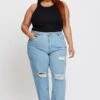 Blue Denim Jean High Rise Distressed Straight Leg