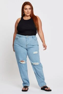 Blue Denim Jean High Rise Distressed Straight Leg -You And All Fashion Store cdl17603 33jb denim blue 3