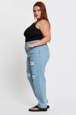 Blue Denim Jean High Rise Distressed Straight Leg -You And All Fashion Store cdl17603 33jb denim blue 4