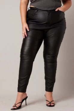 Black Wet Look Jeans High Rise Coated Stretch Denim