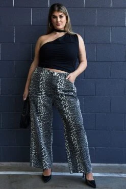 Brown Animal Print Baggy Jeans Mid Rise