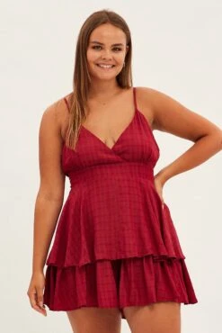 Red Wrap Playsuit Sleeveless Ruffle