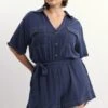 Blue Playsuit Short Sleeve Waist Tie Linen Blend