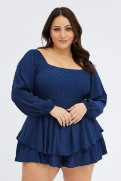 Blue Ruffle Playsuit Square Neck Shirred