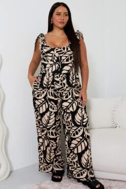 Black Floral Jumpsuit Sleeveless Shoulder Tie Linen Blend