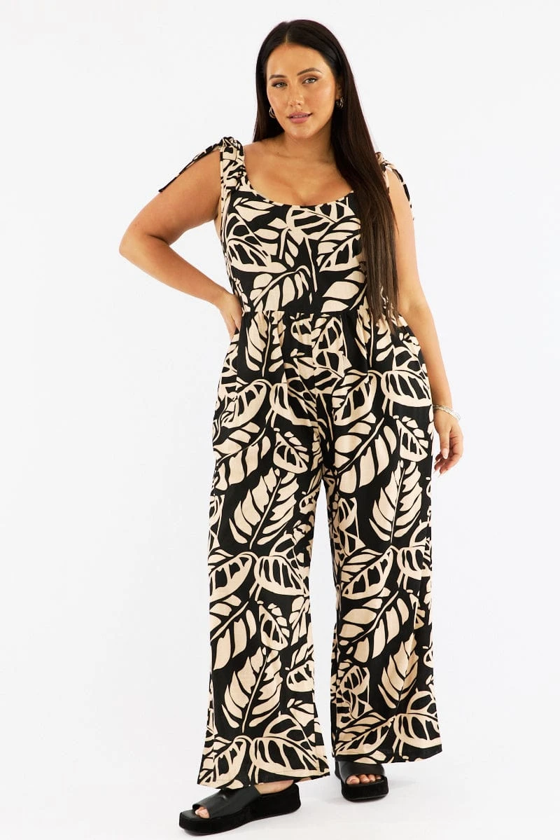 Black Floral Jumpsuit Sleeveless Shoulder Tie Linen Blend 2 Black Floral Jumpsuit Sleeveless Shoulder Tie Linen Blend - Image 2