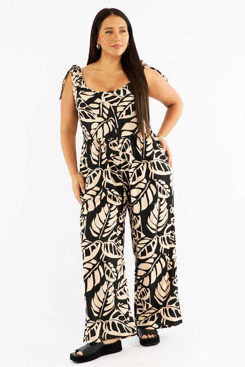 Black Floral Jumpsuit Sleeveless Shoulder Tie Linen Blend 3 Black Floral Jumpsuit Sleeveless Shoulder Tie Linen Blend - Image 3