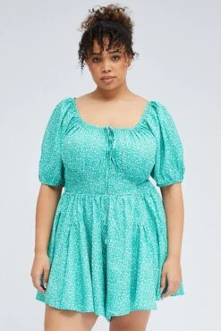Green Ditsy Ruffle Playsuit Short Sleeve Ruched Bust -You And All Fashion Store cdp1263 35r ditsy 3
