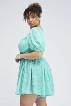 Green Ditsy Ruffle Playsuit Short Sleeve Ruched Bust -You And All Fashion Store cdp1263 35r ditsy 4