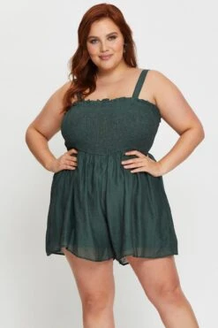 Green Shirred Playsuit Square Neck Sleeveless