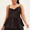 Black Ruffle Playsuit Sleeveless Cowl Neck Satin
