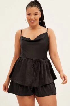 Black Ruffle Playsuit Sleeveless Cowl Neck Satin