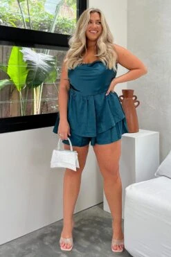 Blue Ruffle Playsuit Sleeveless Cowl Neck Satin