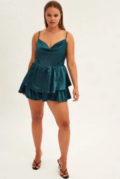 Blue Ruffle Playsuit Sleeveless Cowl Neck Satin -You And All Fashion Store cdp1427 35rb teal 3