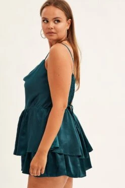 Blue Ruffle Playsuit Sleeveless Cowl Neck Satin -You And All Fashion Store cdp1427 35rb teal 5