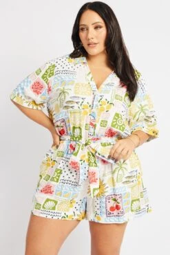 Multi Abstract Playsuit Short Sleeve Waist Tie