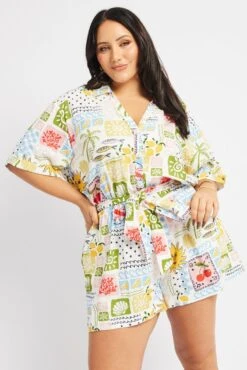 Multi Abstract Playsuit Short Sleeve Waist Tie -You And All Fashion Store cdp1466c 47r abstract 3