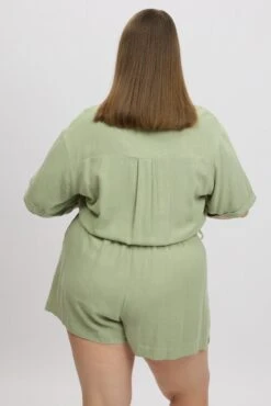 Green Playsuit Short Sleeve Linen Blend -You And All Fashion Store cdp1466t 47r khaki 5