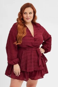 Red Ruffle Playsuit Long Sleeve Wrap Front