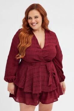 Red Ruffle Playsuit Long Sleeve Wrap Front -You And All Fashion Store cdp1551 81rb wine 3