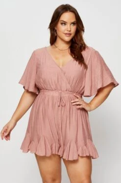 Pink Ruffle Playsuit V-neck Bell Sleeve -You And All Fashion Store cdp15648c 81rb dusty pink 3 1