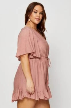 Pink Ruffle Playsuit V-neck Bell Sleeve -You And All Fashion Store cdp15648c 81rb dusty pink 4 1